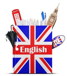 English language textbook with the British flag and umbrella